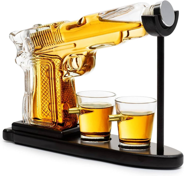 Gun Whiskey Decanter Sets + 2 Bullet Glasses