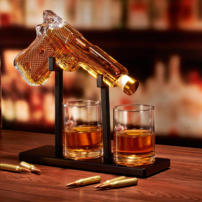 Gun Whiskey Decanter Sets + 2 Bullet Glasses