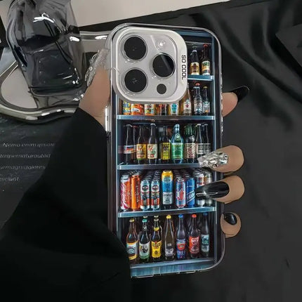 Interesting Creative Refrigerator Beer Drink Phone Case For iPhone 16 15 13 14 12 11 Pro Max Plus X XS Shockproof Hard Cover