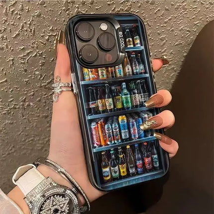 Interesting Creative Refrigerator Beer Drink Phone Case For iPhone 16 15 13 14 12 11 Pro Max Plus X XS Shockproof Hard Cover